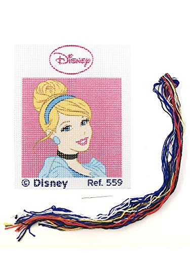 Kit medio punto con dibujos de Disney - La Cenicienta. Punto de cruz manualidad DIY para niños, incluye cañamazo e hilos de colores según estampado. Lienzo de 18 x 15 cm.