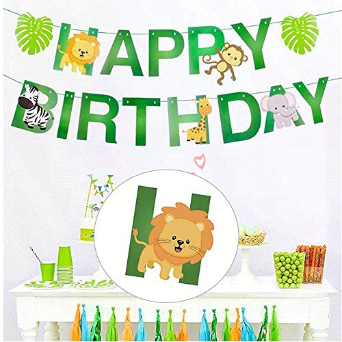 Kitchen-dream Decoración de la Fiesta de cumpleaños de la Selva, Pancarta de Feliz cumpleaños, Pancarta de Animales de la Selva de Safari, Conjunto de guirnaldas de empavesado de Papel