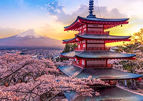 Lais Puzzle Fujiyoshida, Japón Hermosa Vista del Monte Fuji y la Pagoda Chureito al Atardecer, Japón en Primavera con los cerezos en Flor 1000 Piezas