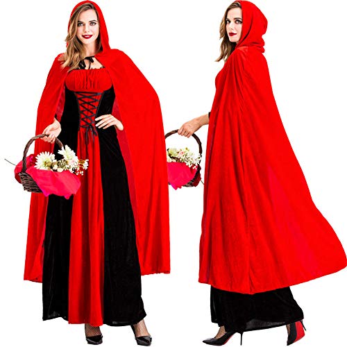 LATH.PIN Disfraz de Caperucita Roja para Mujer Halloween Cosplay Vestido Carnaval con Capa con Capucha Tallas Grandes rojo L