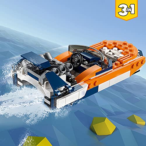 LEGO 31089 Creator 3en1 Deportivo de Competición Sunset o Coche de Carreras o Lancha, Juguete de Construcción para Niños 7 años