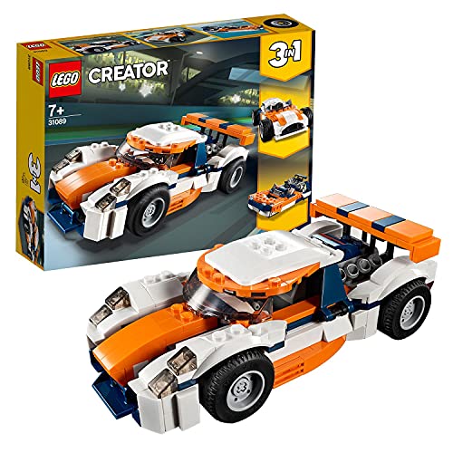 LEGO 31089 Creator 3en1 Deportivo de Competición Sunset o Coche de Carreras o Lancha, Juguete de Construcción para Niños 7 años