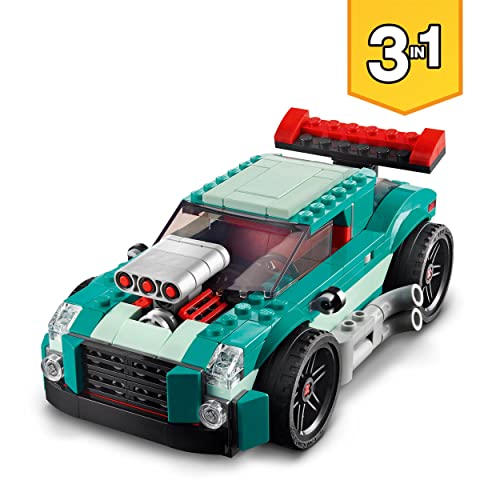 LEGO 31127 Creator Deportivo Callejero, Auto de Carreras de Juguete 3 en 1, Maqueta Coches para Construir con Ladrillos, Idea de Regalo para Niños