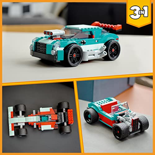 LEGO 31127 Creator Deportivo Callejero, Auto de Carreras de Juguete 3 en 1, Maqueta Coches para Construir con Ladrillos, Idea de Regalo para Niños