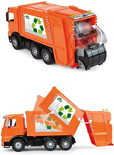 Lena Worxx 4614 - Coche de basura, Mercedes Benz Arocs, aprox. 53 cm, vehículo utilitario para niños a partir de 3 años, resistente camión de basura con 2 contenedores