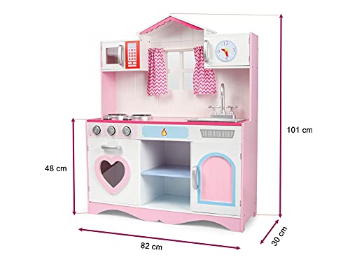 leomark Cocina Madera Infantil de Juguete - Pink Play - Accesorios, para Niños, Efectos de luz y Sonido, Dim: 82x30x101(Altura) cm + Kit de ollas metálicas con los Accesorios