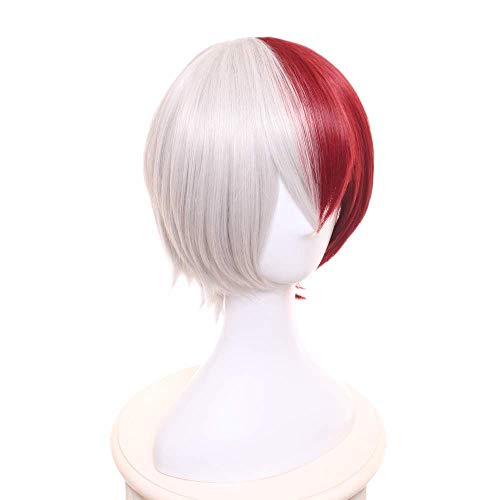 LZT Peluca de cosplay sintética de anime con cabello rojo y gris corto y liso de Shoto Todoroki de My Hero Academia con malla de peluca gratis