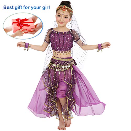Magogo Fiesta de cumpleaños del Traje de la Danza del Vientre de Las Muchachas Vestido, niños Cosplay Princesa árabe Dancewear Brillante Traje de Carnaval (L, Púrpura)
