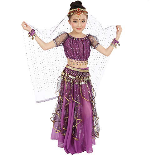 Magogo Fiesta de cumpleaños del Traje de la Danza del Vientre de Las Muchachas Vestido, niños Cosplay Princesa árabe Dancewear Brillante Traje de Carnaval (L, Púrpura)