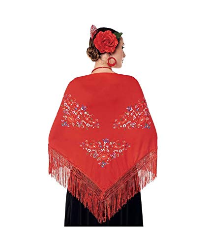 Mantón Manila Chulapa Mujer【Talla Adulto 150 x 60 cm 】[Color Rojo] Disfraz Chulapas Mantón Flamenco Bordado San Isidro