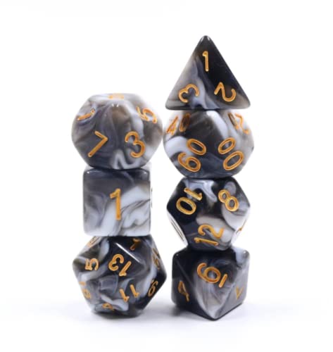 Marble Cow - Polyset Dice | Polydice | White Black Pearlescent Marble and Gold | Dice Set of 7 Pieces | D&D and RPGs | Plastic Dice Set | Polyhedral Dice Set | DND / D&D / Dungeons and Dragons