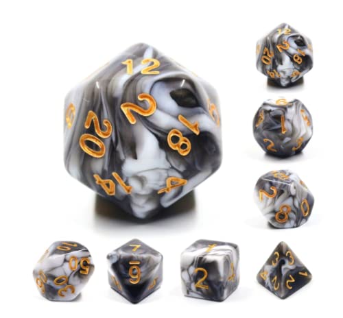 Marble Cow - Polyset Dice | Polydice | White Black Pearlescent Marble and Gold | Dice Set of 7 Pieces | D&D and RPGs | Plastic Dice Set | Polyhedral Dice Set | DND / D&D / Dungeons and Dragons
