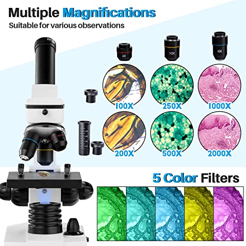 MAXLAPTER Microscopio Monocular para Estudiantes Niños, Aumento de 100-2000x, Potente Microscopios Biológico Educativo con Adaptador teléfono, Muestras Biológicas, operación Equipo
