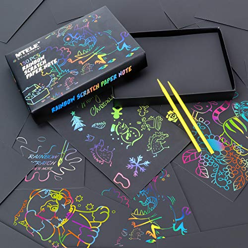 Mtele Scratch Art Paper para Niños 150 Hojas Manualidades niños 6 años, Manualidades Rascar Set para Arte y Pinturas Infantiles Hechas a Mano, Incluye 6 lápices de Madera, 4 Plantillas de Dibujo
