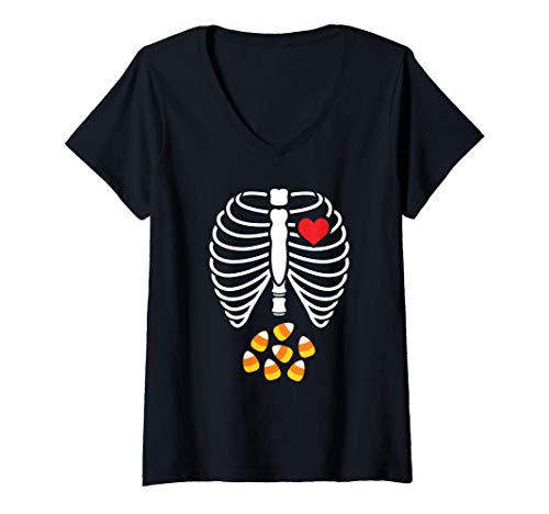 Mujer Maíz de caramelo de esqueleto disfraz de Halloween Camiseta Cuello V