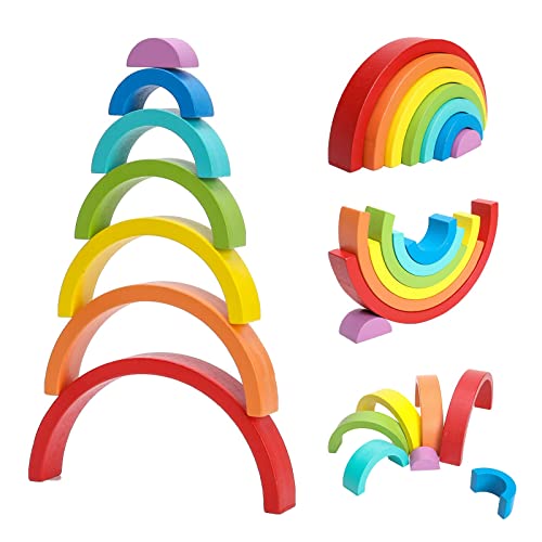 MYRCLMY Rainbow Stacking Toy, 7pcs Bloques de construcción Conjunto Juguete de Madera de apilamiento Empresas tempranas Juguetes educativos para bebés/niños pequeños/niños, Juego de Hamster