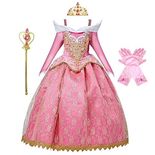 MYRISAM Vestidos de Princesa Aurora para Niñas Disfraz de Carnaval Bella Durmiente Traje de Halloween Navidad Cumpleaños Fiesta Ceremonia Aniversario Cosplay Vestir con Accesorios 9-10 años