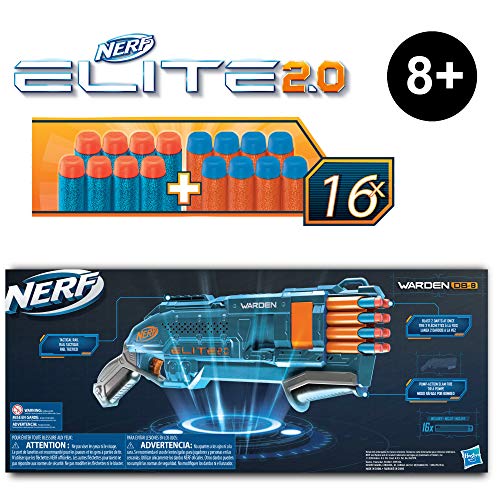 Nerf Elite 2.0 Warden DB-8 Blaster, 16 Oficiales, Blast 2 Dardos a la Vez, riel táctico para Personalizar, Slam Fire (Hasbro E9959EU4)