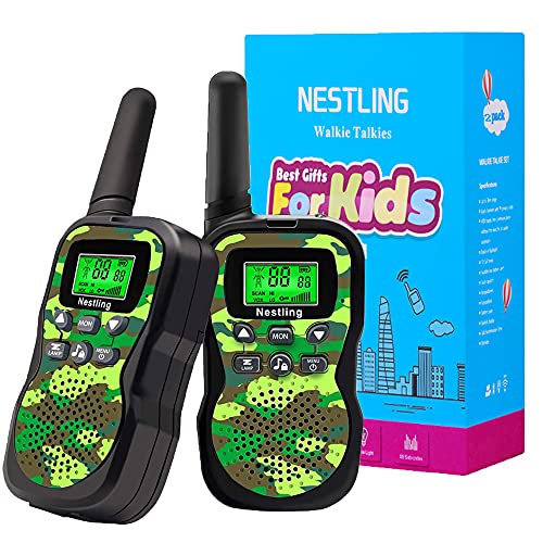 Nestling Walkie Talkie para niños, Camuflaje al Aire Libre, 8 Canales, Radio de 2 vías, Juguetes, Linterna LCD retroiluminada, Rango de 3 Millas para Actividades Infantiles (2pcs Verde)