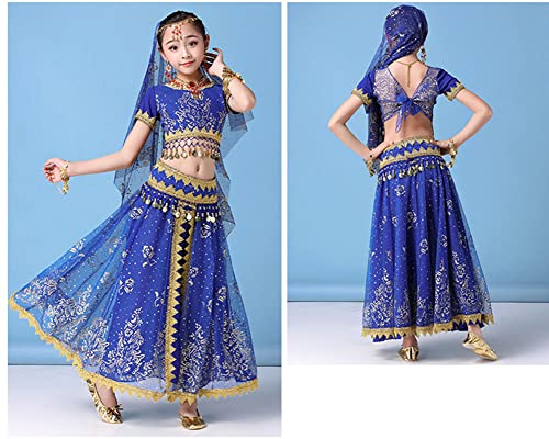 Niña 8 Piezas Conjunto de Trajes de Danza del Vientre India Disfraz Bollywood Outfits Traje Carnaval Profesional Disfraz Baile Top + Falda con Lentejuelas Cuentas y Monedas Azul(8PCS) XL