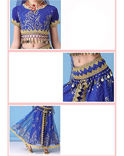 Niña 8 Piezas Conjunto de Trajes de Danza del Vientre India Disfraz Bollywood Outfits Traje Carnaval Profesional Disfraz Baile Top + Falda con Lentejuelas Cuentas y Monedas Azul(8PCS) XL