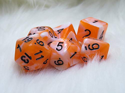 Orange Juice Cow - Polyset Dice | Polydice | Orange White Pearlescent Marble and Black | Dice Set of 7 Pieces | D&D and RPGs | Plastic Dice Set | Polyhedral Dice Set | DnD / D&D / Dungeons and Dragons