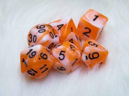 Orange Juice Cow - Polyset Dice | Polydice | Orange White Pearlescent Marble and Black | Dice Set of 7 Pieces | D&D and RPGs | Plastic Dice Set | Polyhedral Dice Set | DnD / D&D / Dungeons and Dragons