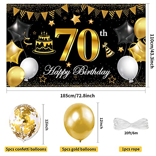 Pancarta Feliz de 70 Cumpleaños, Decoración de Fiesta de 70 Cumpleaños de Oro Negro, Extra Grande Bandera de Tela Cartel de Fondo con Globos para Cumpleaños Suministros para Fiestas de Aniversario