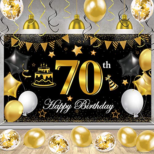 Pancarta Feliz de 70 Cumpleaños, Decoración de Fiesta de 70 Cumpleaños de Oro Negro, Extra Grande Bandera de Tela Cartel de Fondo con Globos para Cumpleaños Suministros para Fiestas de Aniversario