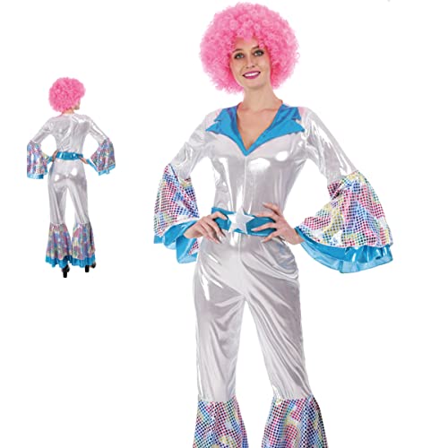 Partilandia Disfraz Disco Mujer Años 70【Tallas Adulto S a L】[Talla M]【Mono Plateado Campana】 Disfraces Mujer Carnaval