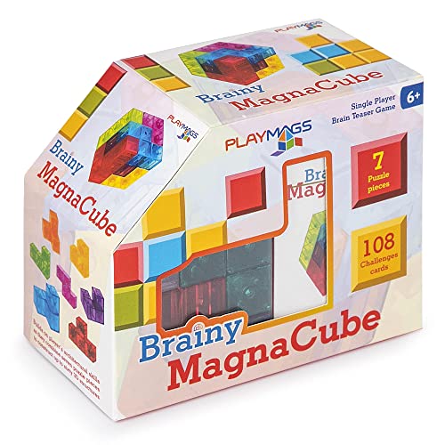 Playmags Brainy Cube con Las Tarjetas de desafío de Cubo Branely, Bloques de construcción para jugadas de Extremo Abierto Creativo, Juguetes educativos para niños de 3 años +