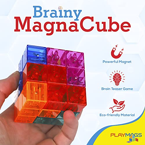 Playmags Brainy Cube con Las Tarjetas de desafío de Cubo Branely, Bloques de construcción para jugadas de Extremo Abierto Creativo, Juguetes educativos para niños de 3 años +