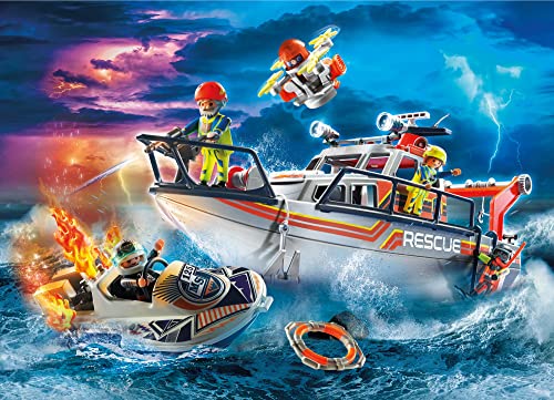 PLAYMOBIL City Action 70140 Rescate marítimo: Operativo de extinción de Incendios con Barco de Rescate, Juguetes para niños a partir de 4 años