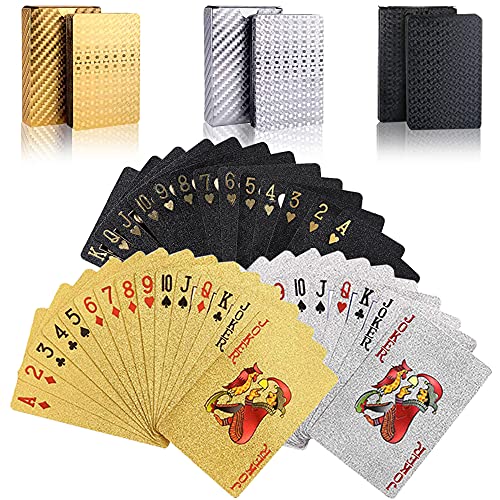 Póker Naipes 3 Paquete Cartas de Poker Impermeables Cartas de póker de plástico Cartas magicas clásicas para niños y Adultos Mesa Juegos de Cartas, Oro y plata y negro, (54 Piezas/Cubierta) 3 PCS