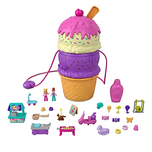 Polly Pocket Parque de juego Polly-sorpresas, cofre helado con juego de agua para muñecas con accesorios sorpresa, juguete +4 años (Mattel HFR00)