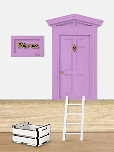 Puerta de madera del Ratoncito Pérez en color violeta, escalera y caja para el diente. (Violeta)