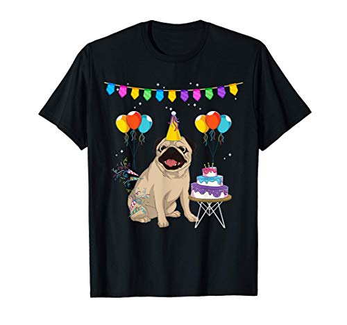 Pug Tarta De Cumpleaños Velas Mascota Perro Globos Carlino Camiseta