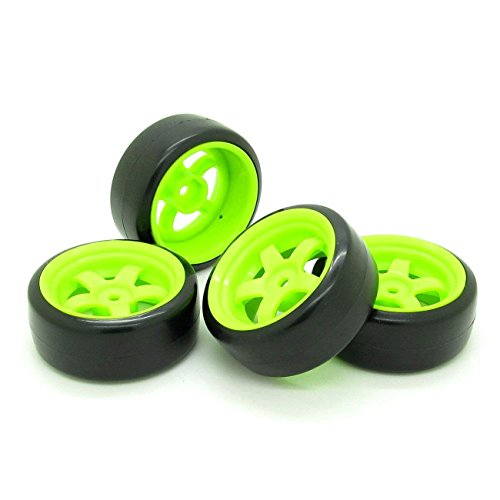Pxyelec Llantas de rueda verde de 12 mm y neumáticos de goma lisa para coche RC 1/10 en carretera a la deriva paquete de 4
