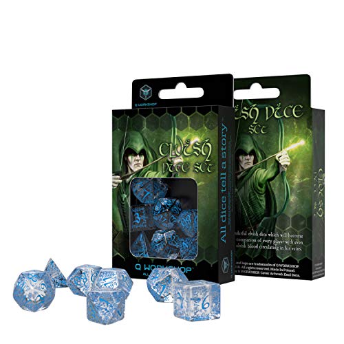 Q Workshop Elvish Translucent & Blue RPG Ornamented Dice Set 7 Polyhedral Pieces