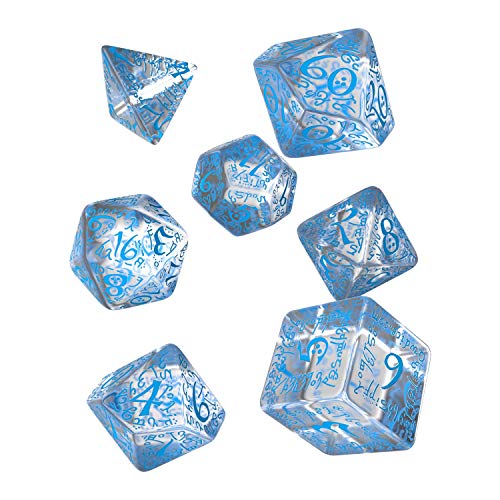 Q Workshop Elvish Translucent & Blue RPG Ornamented Dice Set 7 Polyhedral Pieces
