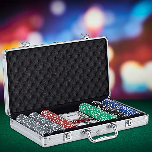 Relaxdays Maletín de póquer, 300 fichas láser, 2 Barajas de Cartas, 5 Dados, botón de Dealer con Cierre, Aluminio, Color Plateado (10031551)