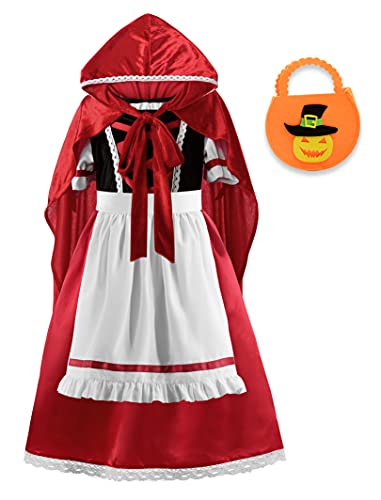 ReliBeauty Disfraz Caperucita Roja para Niña Disfraces de Carnaval y Halloween con Capa con Capucha y Bolso 7-8 años, 120
