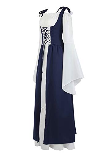 renacentista Vestido Medieval Mujer Vintage Victoriano gotico Manga Larga de Llamarada Disfraz Princesa Azul S