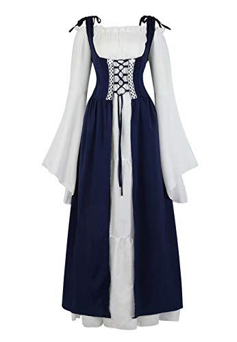 renacentista Vestido Medieval Mujer Vintage Victoriano gotico Manga Larga de Llamarada Disfraz Princesa Azul S