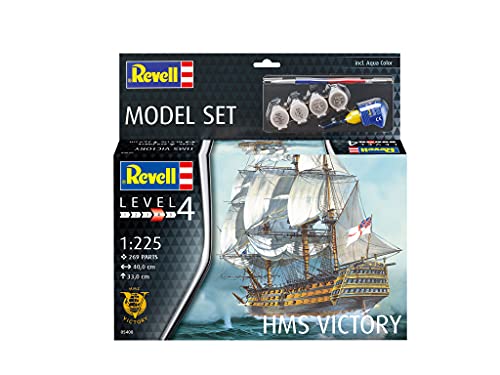 Revell-Revell-65408 Set HMS Victory, Escala 1:225, con Pinturas Base, Pegamento y brocha Kit de Modelo de plástico, Color sin Pintar (65408)