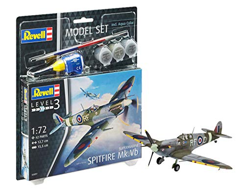 Revell Set Supermarine Spitfire M, en Kit Modelo con Base Accesorios, fácil Pegar y para pintarlas, Escala 1: 72 (63897), 12,7 cm de Largo