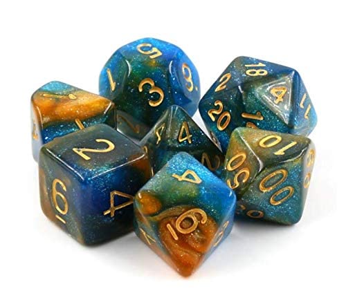 River Kingfisher - Polyset Dice | Polydice | Blue Orange Glitters and Gold | Dice Set of 7 Pieces | D&D and RPGs | Plastic Dice Set | Polyhedral Dice Set | DND / D&D / Dungeons and Dragons
