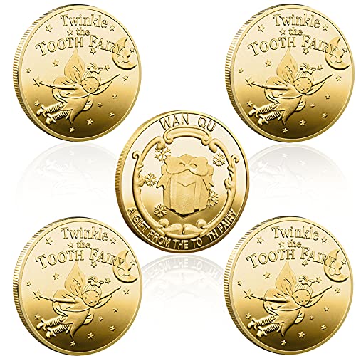 RoserRose 5 Pcs Moneda de Hadas de Dientes Centelleantes, Moneda de Colecció, Moneda Dorado Conmemorativa Colección de Recuerdos Moneda para Niños Regalos