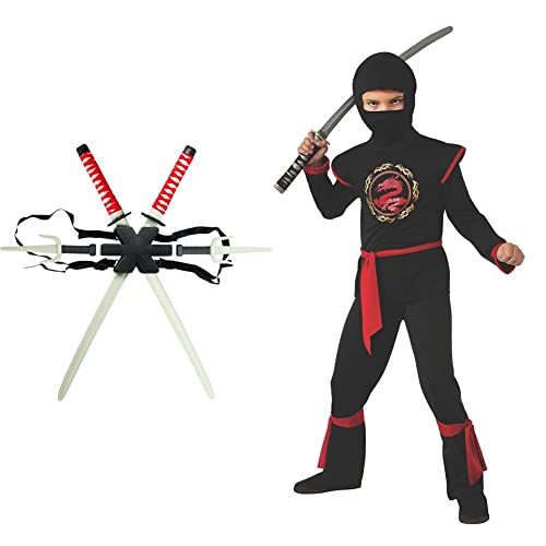 Rubies Disfraz de Ninja Set de Armas Ninja, katanas a la Espalda Talla única (Rubie'S 6672) + Disfraz de Ninja Dragón para niño, Negro y Rojo, Infantil 5-7 años ( 887057-M)