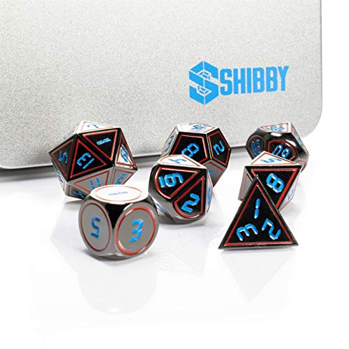 shibby 7 Cubos de Metal poliédricos para Juegos de rol y de sobremesa en óptica Digital D4 Incl. Caja de Almacenamiento